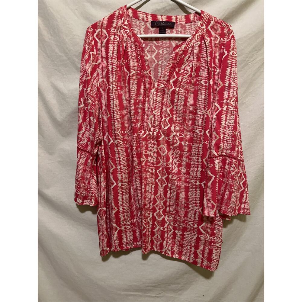 Gloria Vanderbilt Women' Blouse Size Large Pink & White 3/4 Bell Sleeve Top Boho